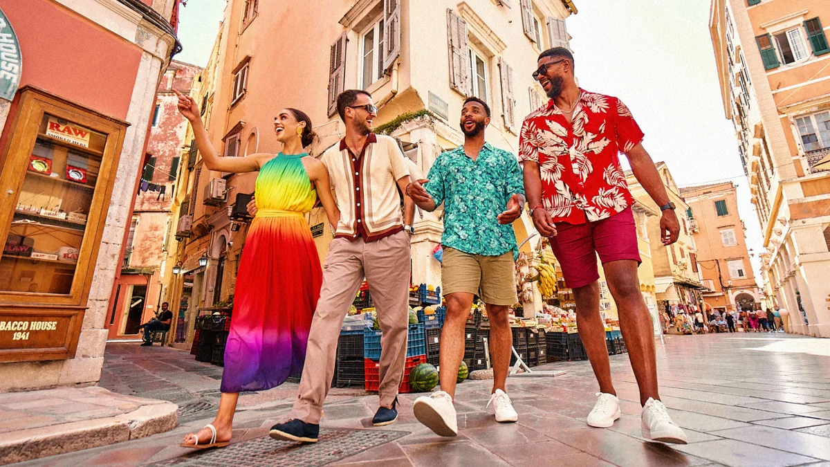 Friends exploring a colorful European street together