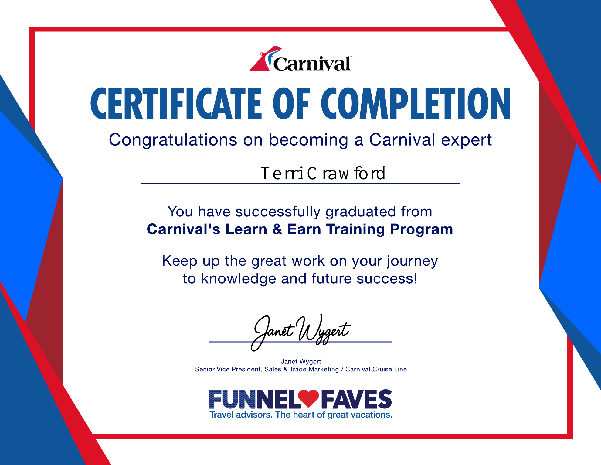 Carnival certificate of completion for Terri Crawford, Learn and Earn Training Program