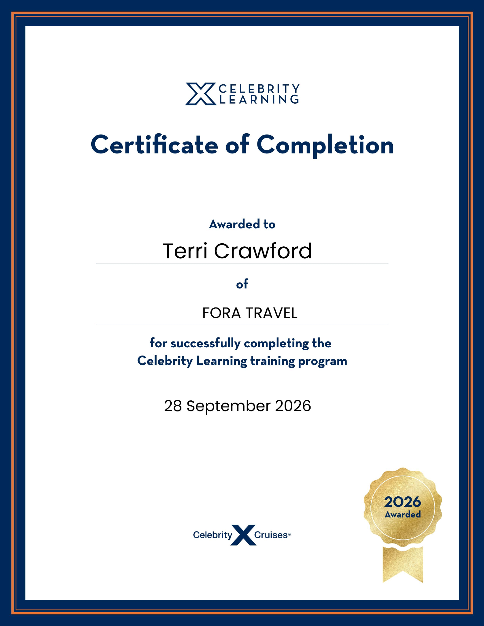 Celebrity Learning certificate of completion awarded to Terri Crawford of Fora Travel on September 28, 2026