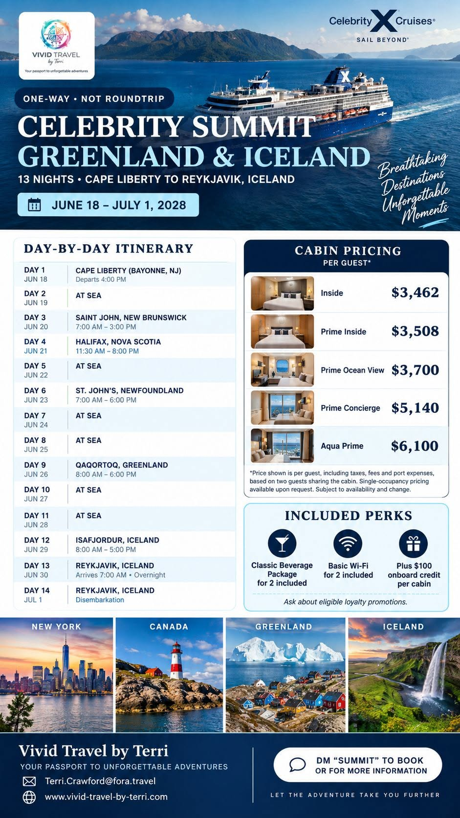 Celebrity Summit Greenland and Iceland cruise flyer with itinerary, cabin pricing and included perks