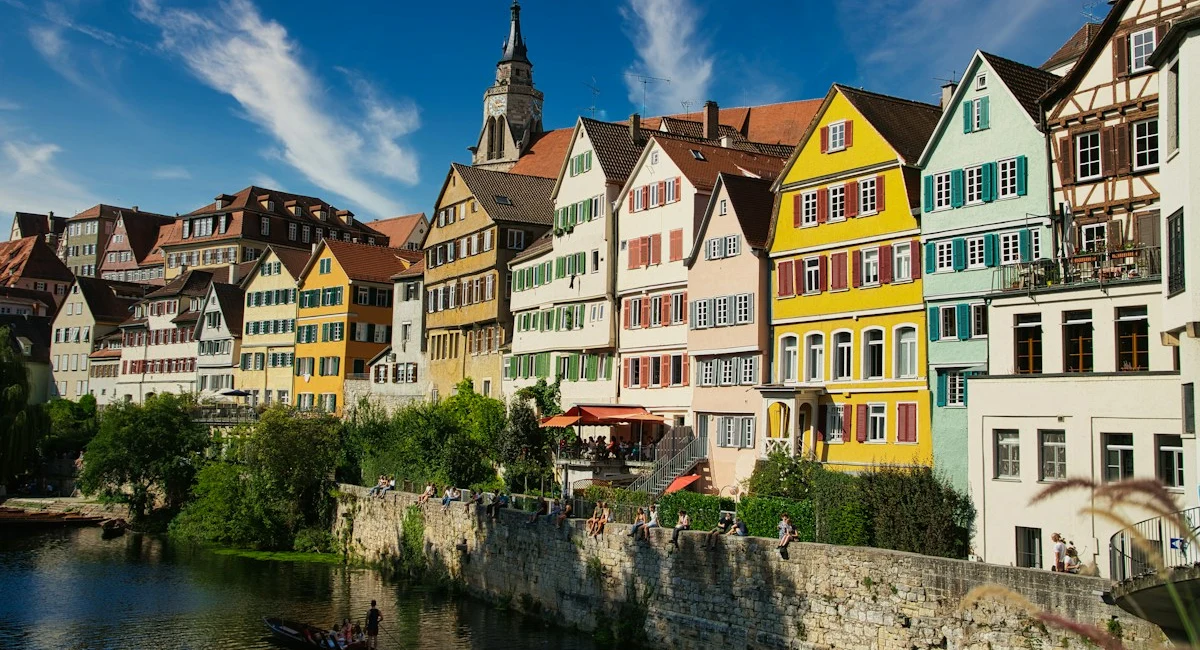 Colorful historic waterfront houses in Tübingen, Germany