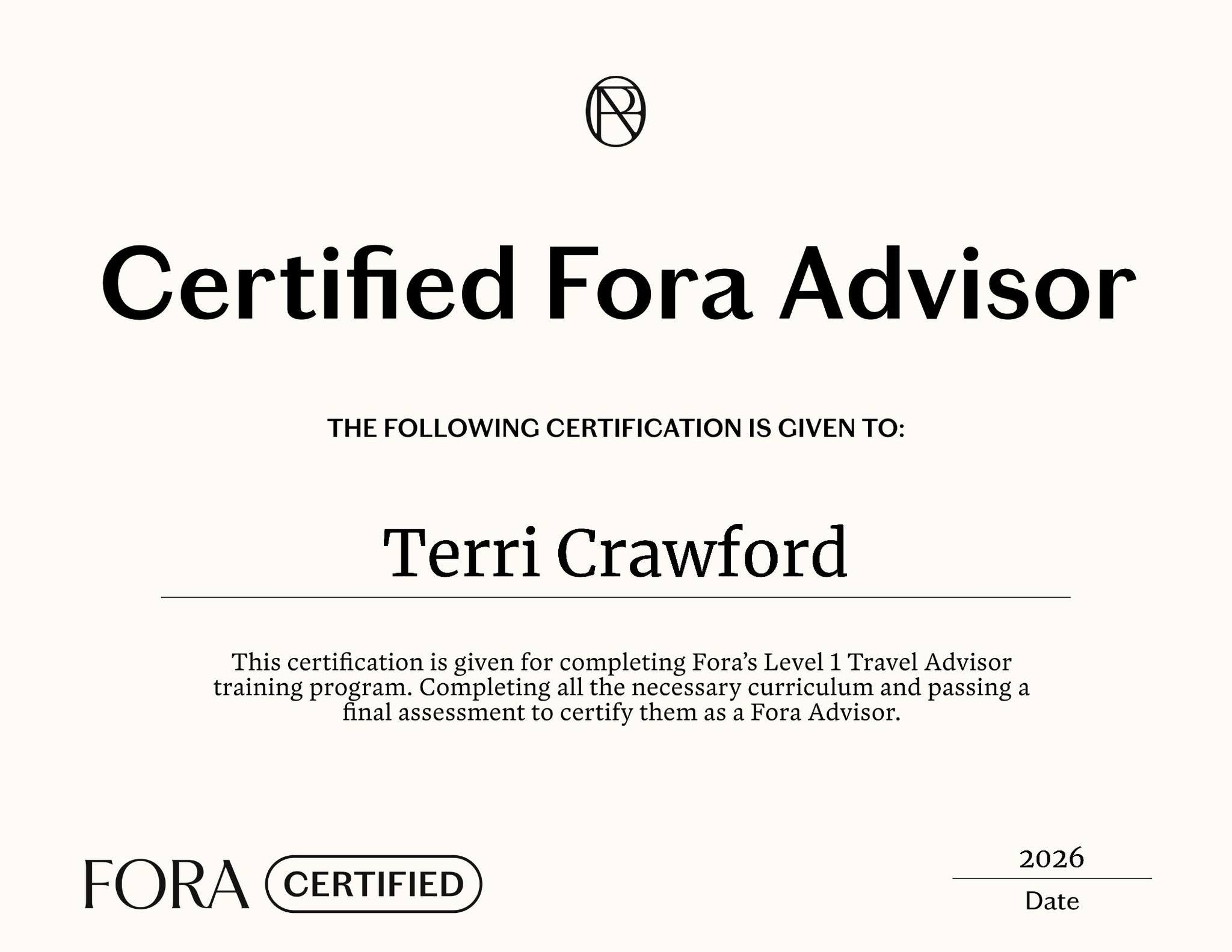 Certified Fora Advisor certificate for Terri Crawford, 2026