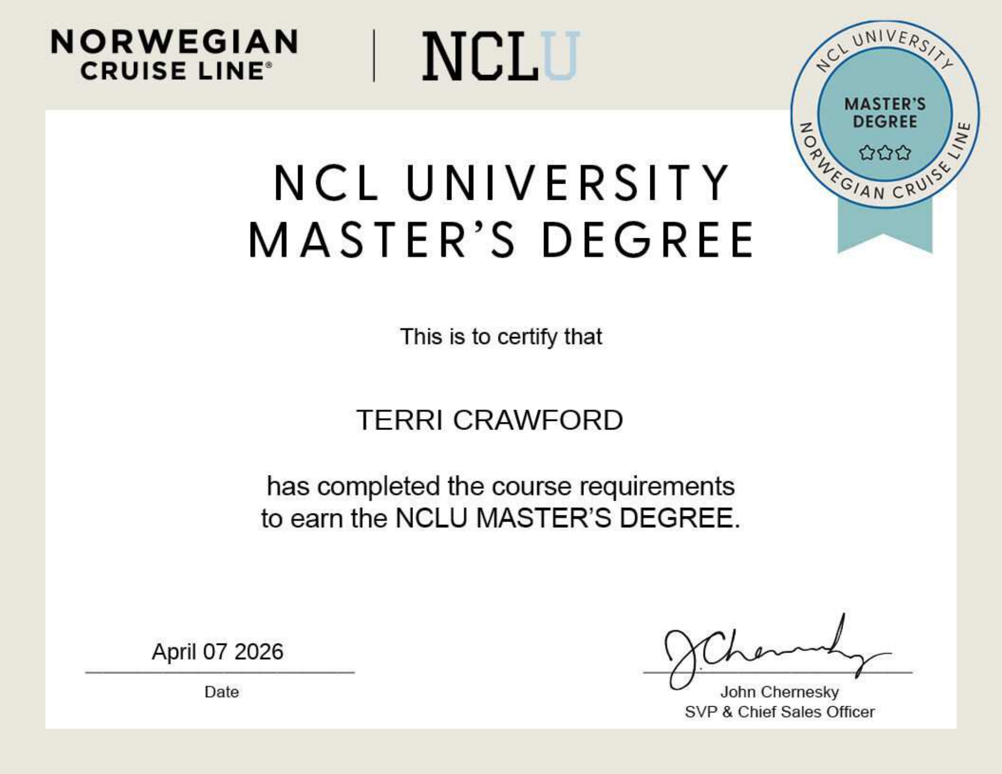 Norwegian Cruise Line NCL University Master’s Degree training certificate for Terri Crawford, dated April 7, 2026