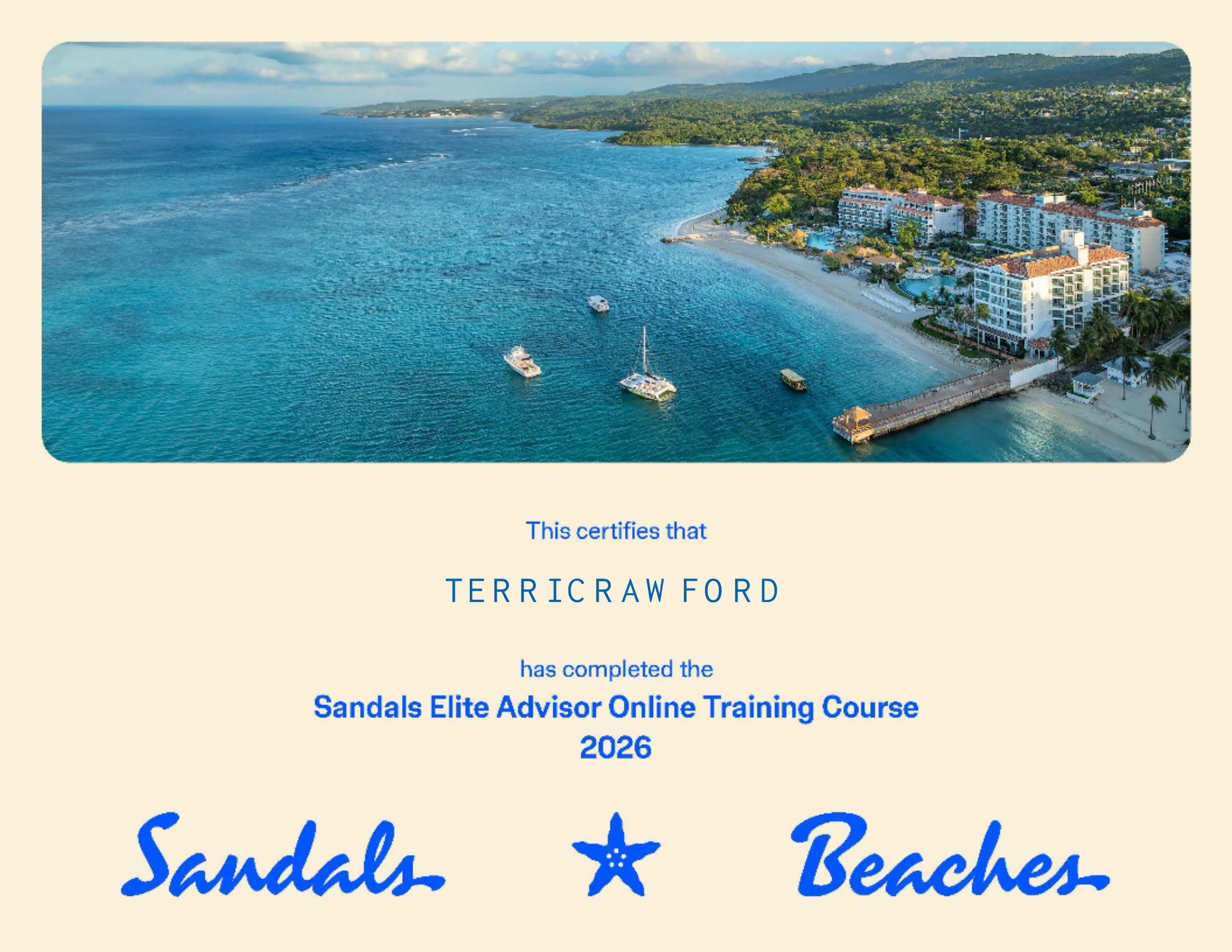 Certificate for Terri Crawford confirming completion of the Sandals Elite Advisor Online Training Course, 2026
