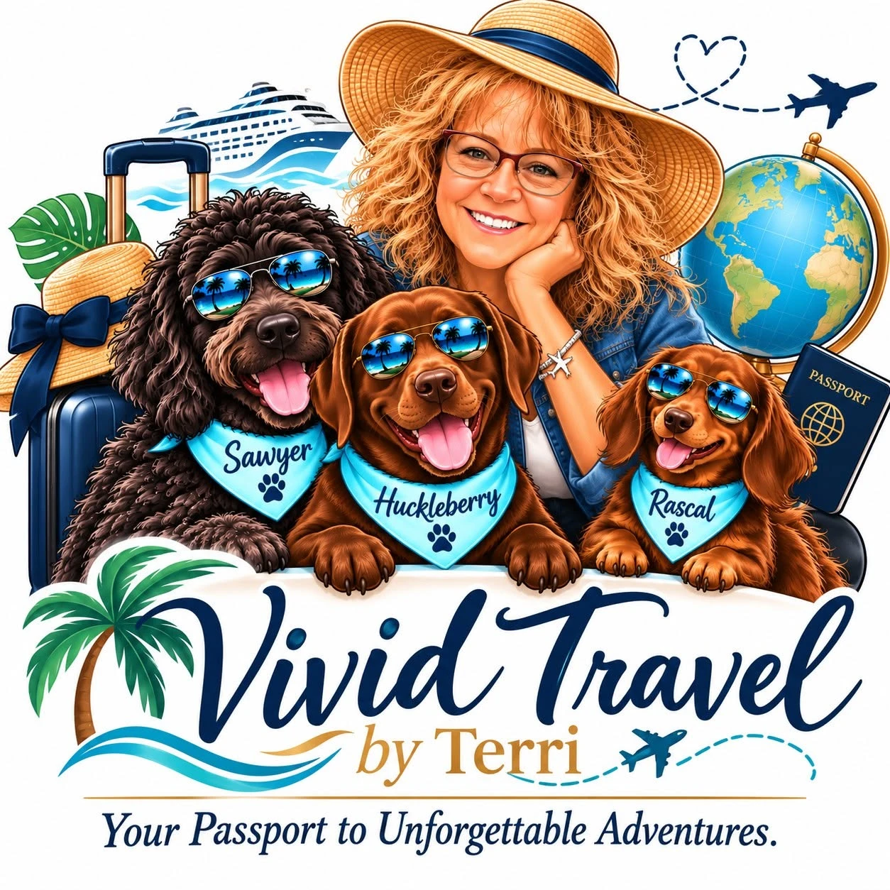 Playful illustration of Terri with her dogs Sawyer, Huckleberry and Rascal, surrounded by travel inspiration