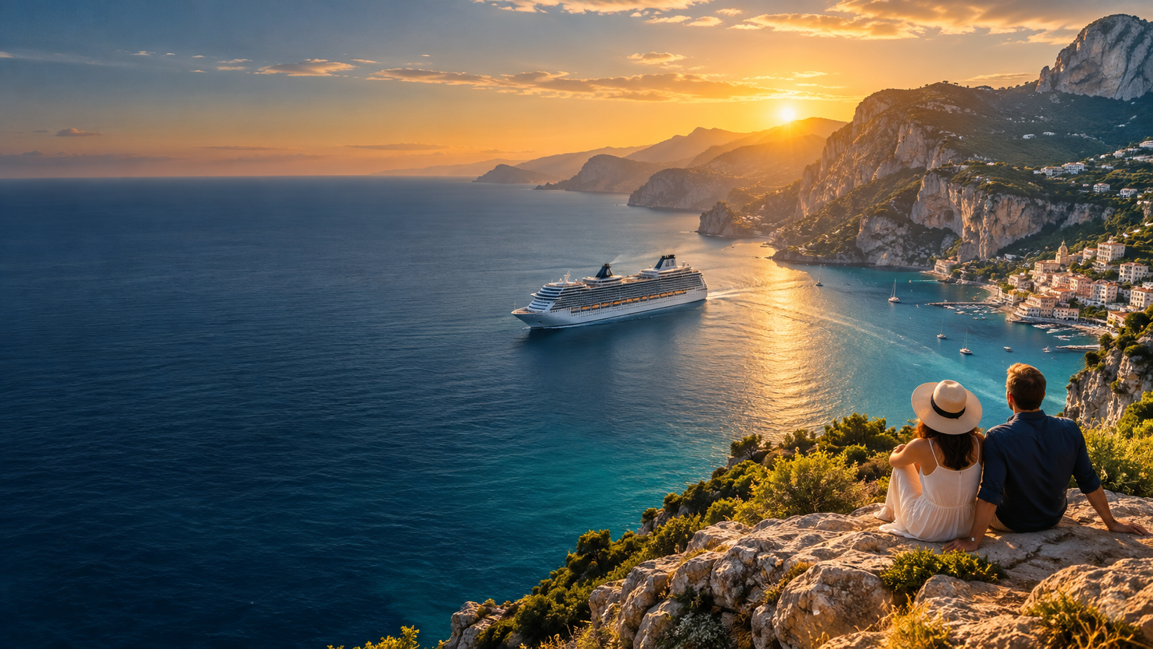 Cruise ship sailing along a sunlit Mediterranean coastline